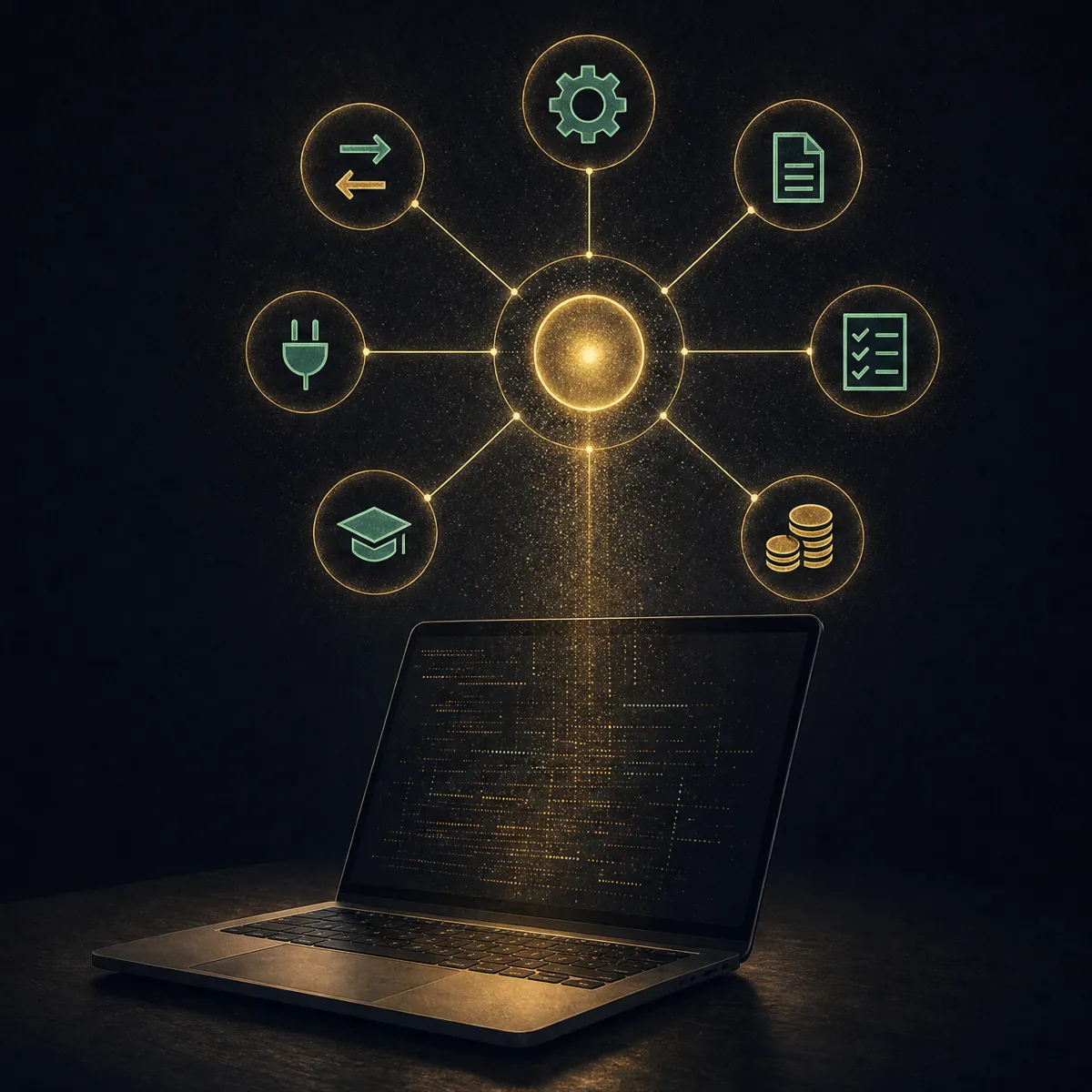 Ein Laptop mit Terminal, darüber ein Netz aus Symbolen für Einrichtung, Skills, Kosten und Schulung