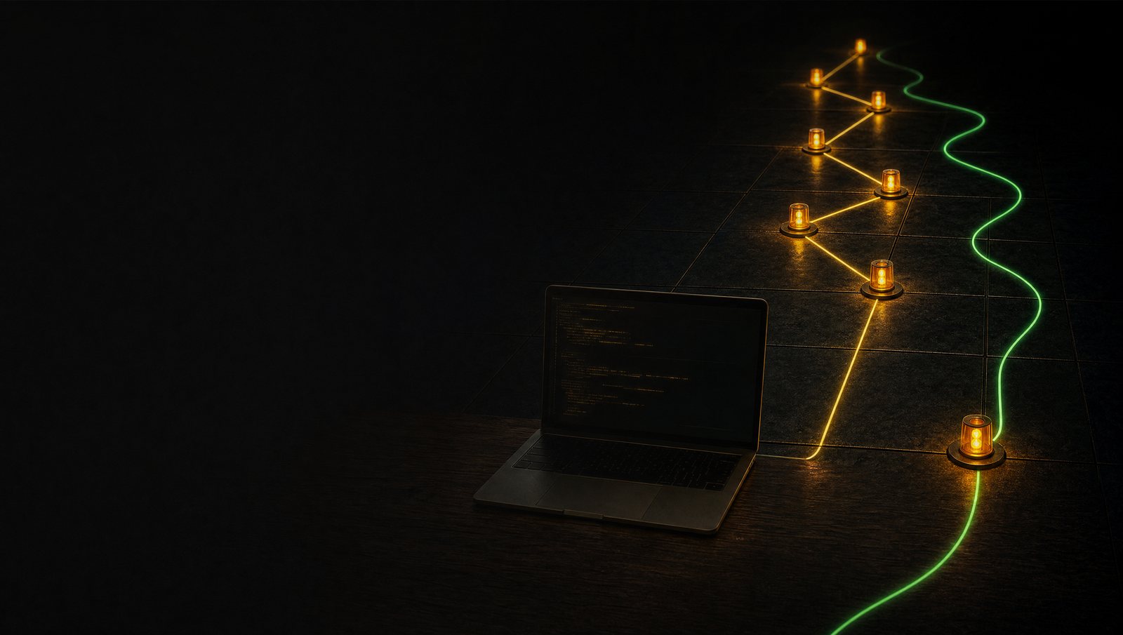Laptop auf dunklem Fliesenboden, ein goldener Weg führt an orange leuchtenden Warnlampen vorbei, eine grüne Linie zeigt den sicheren Umweg