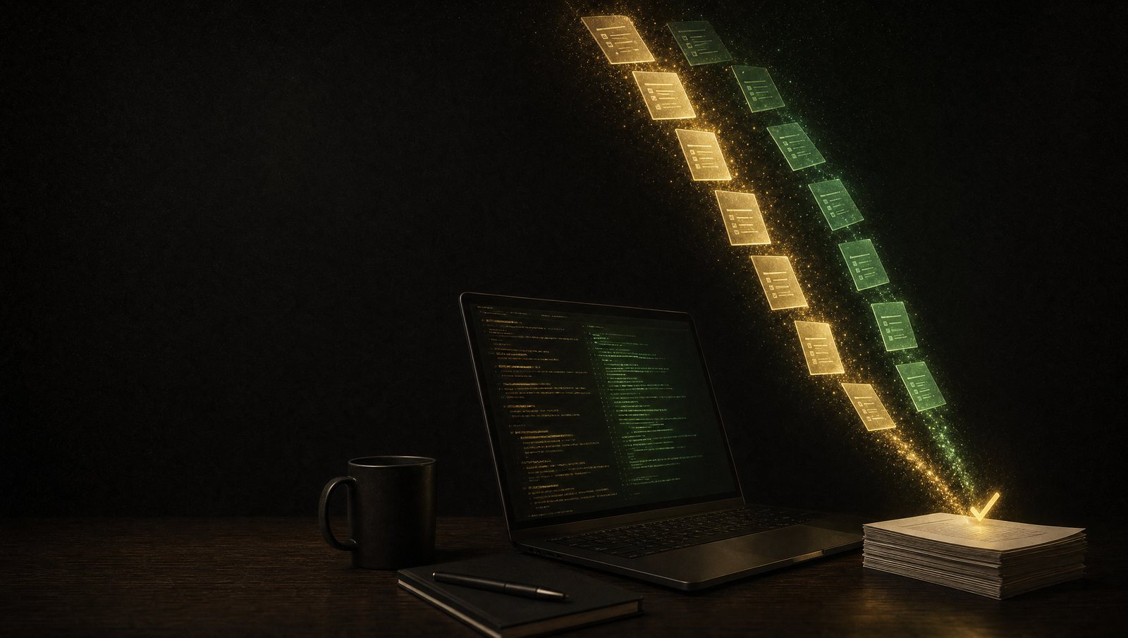 Laptop auf einem dunklen Schreibtisch, aus dem Bildschirm steigen zwei Reihen leuchtender Aufgabenkarten in Gold und Grün und landen auf einem Stapel erledigter Dokumente