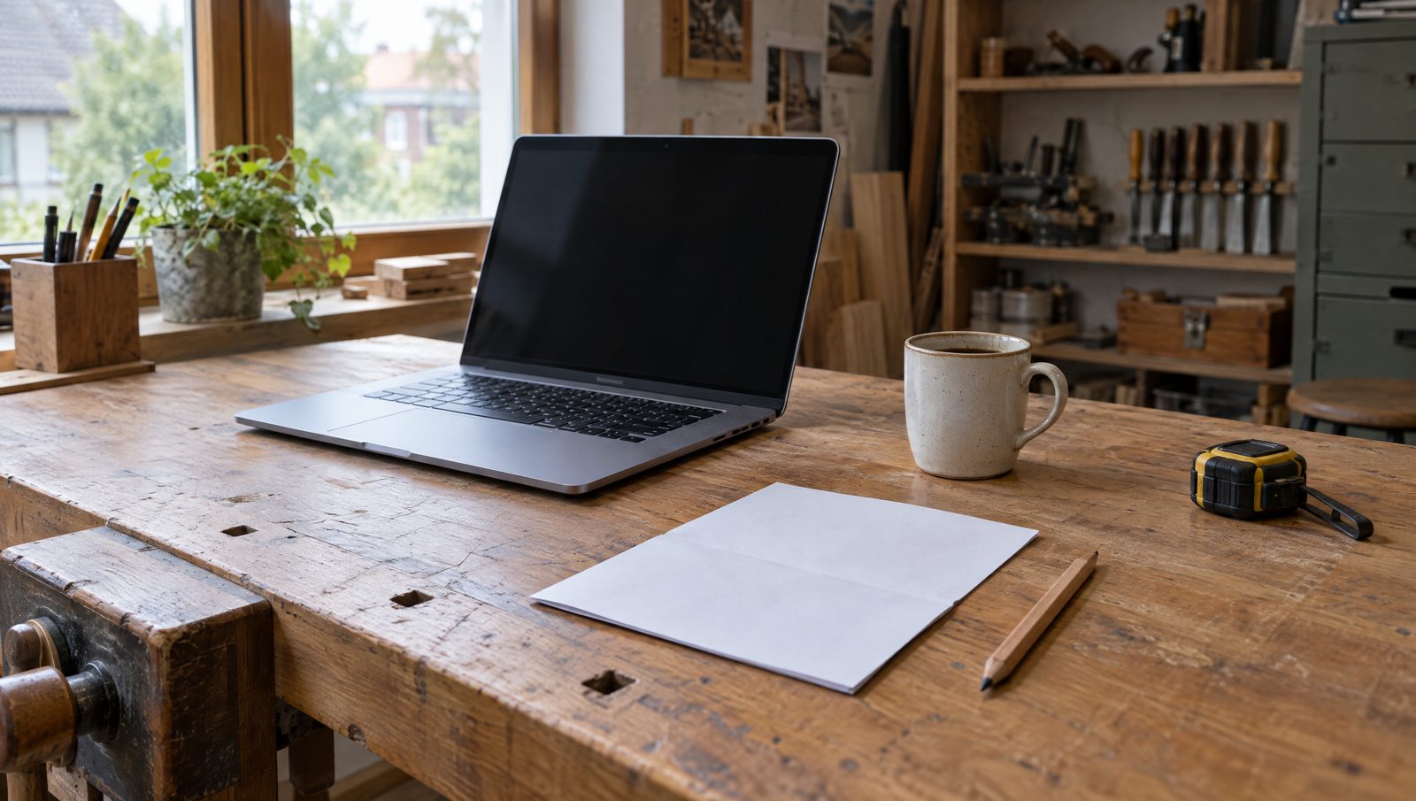 Werkbank in einer Handwerkerwerkstatt mit Laptop, leerem Rechnungsblatt, Bleistift, Maßband und Kaffeetasse